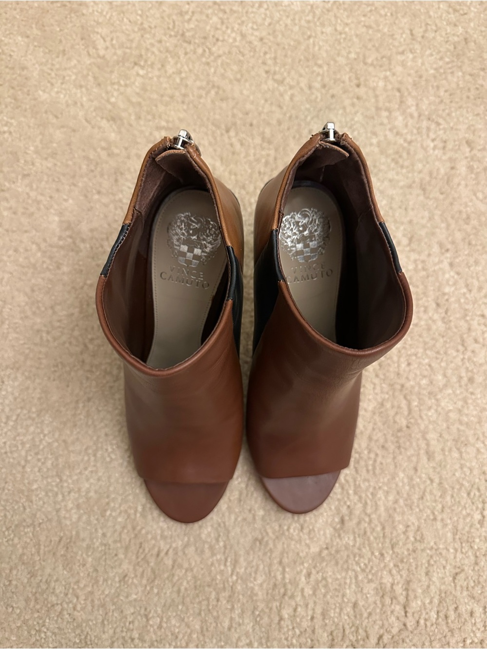 Vince Camuto Brown and Black Leather Color Block Peep-Toe Ankle Booties 9 Medium - Picture 4 of 5